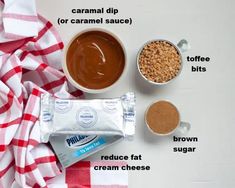 ingredients needed to make peanut butter ice cream on a white tablecloth with red and white checkered towel