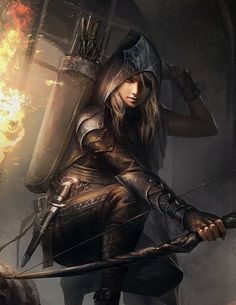 a woman holding a bow and arrow in front of a blazing fire filled building with flames