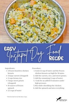 Easy Instapot Dog Food Recipe (Chicken & Rice); instapot recipes, instant pot recipe, homemade dog meal Instapot Dog Food, Dog Homemade, Homemade Meals, Healthy Instant Pot Recipes