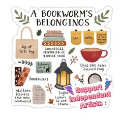 a bookworm's belonging sticker is shown with various items and words on it