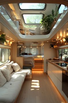 the inside of a camper with lots of windows