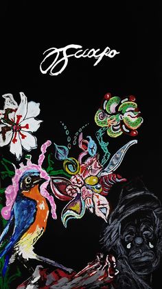 a painting of a bird and flowers on a black background