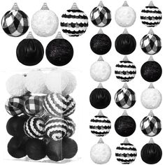 black and white ornaments are arranged in boxes