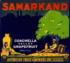 an old advertisement for samarkand with two people sitting under a tree