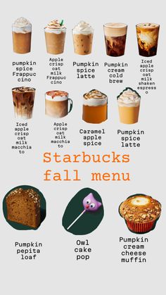 a poster with different types of food and drinks on it's side, including pumpkin pie