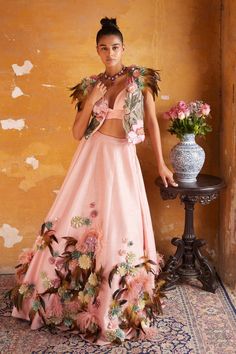 Varun Bahl | Light Pink Corsage Lehenga Gilet Set | INDIASPOPUP.COM Organza Lehenga, Wedding Backdrop Design