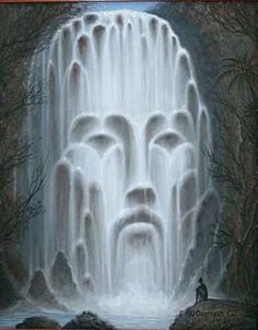 a painting of a waterfall in the woods