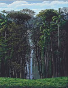 a painting of trees in the middle of a forest