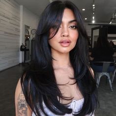 Curtain Bags And Face Framing, Straight Length Haircut, Face Framing Curtain Bangs Black Hair, Dark Hair For Brown Eyes, Black Hair And Curtain Bangs, Long Middle Part Bangs, Long Bangs Black Hair, Curtain Bangs In Straight Hair, Long Curtain Bangs Dark Hair