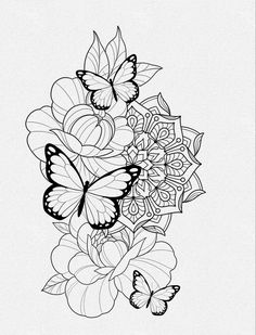 a black and white drawing of flowers with butterflies