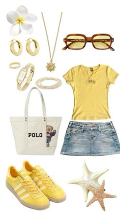 Cute Yellow Tops Summer Outfits, Beach Fits 2024, Hawaii Style Outfit, Summer Hawaii Outfits, Yellow Aesthetic Outfits, Cute Hawaii Outfits, Outfits For Hawaii, Hawaii Clothes, Hawaii Outfit