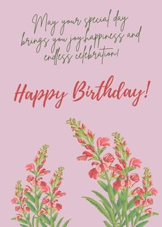 a pink birthday card with flowers and the words happy birthday