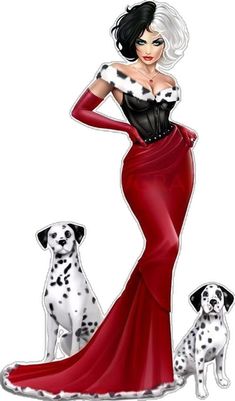 a woman in a red dress standing next to two dalmatian dogs on a white background