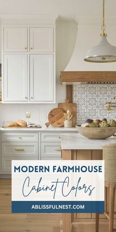 modern farmhouse kitchen with white cabinets and wood flooring is featured in this postcard