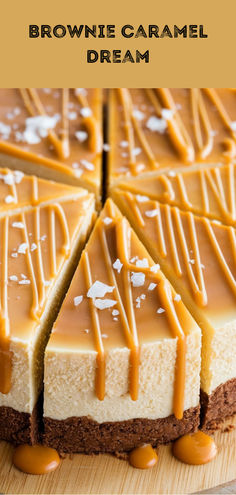 a brownie cake with caramel drizzled on top and slices cut out