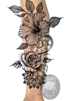 a woman's leg with flowers and clocks on it, as well as leaves