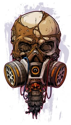 a gas mask with gears on the face and an open mouth, painted in grunge