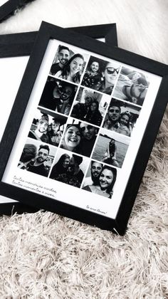 two black and white frames with pictures of people in them on a furry carpeted surface