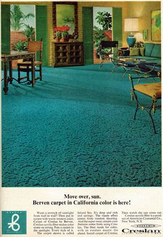 an advertisement for carpet that is very clean and bright blue with green trimmings