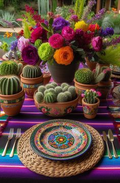 a table topped with lots of potted plants next to plates and utensils