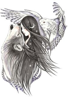 a drawing of an owl and a girl with long hair