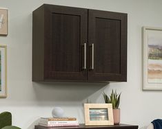 there is a cabinet above the desk with books on it and a potted plant next to it