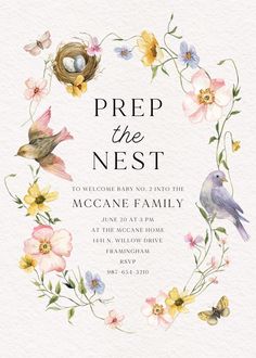 a watercolor painting of flowers and birds in a wreath with the words prep the nest