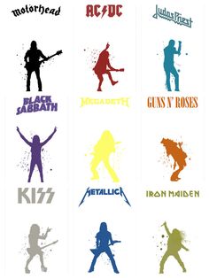 the silhouettes of rock band members are shown in different colors and font styles, as well as their names