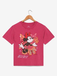 Get ready for your next Disney Parks day with this Minnie Mouse tee! Featuring a design of Minnie with butterflies  this slightly cropped shirt includes puff print lettering  perfect for any occasion.A BoxLunch Exclusive!60% cotton; 40% polyesterListed in unisex sizesWash cold with like colors; dry lowDo not iron over printImported Slightly Cropped Shirt, Unique Disney Shirts, Minnie Mouse Gifts, Vinyl Figures Toys, Print Lettering, Disney Minnie Mouse Crew Neck T-shirt, Casual Cotton Minnie Mouse T-shirt, Disney Fits