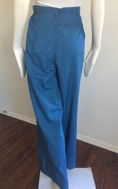 Straight legged light-weight Denim pants with detailed belted waist. Made of Cotton. Denim Blue High-waisted Cotton Pants, Washed Blue High-waisted Cotton Pants, High-waisted Denim Blue Wide Leg Cotton Pants, Blue Washed Full-length Pants, Light Blue Wide-leg Pants With Elastic Waistband, Belted Trousers, High Waist Pants, Waist Pants, Denim Pants