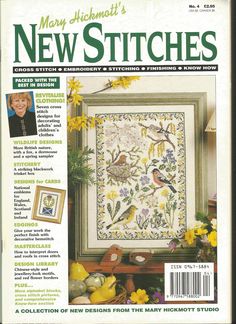 the front cover of mary hannah's new stitches magazine, featuring an image of birds and flowers