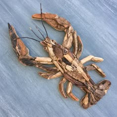 a crab made out of drift wood on the beach