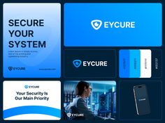 several different logos and business cards on a blue background with the words secure your system