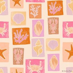 an image of seashells and starfish on pink background wallpaper pattern in pastel colors