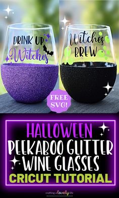 two halloween wine glasses with the words drink up witches brew and free svvg