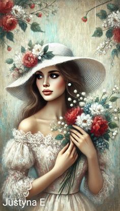 a painting of a woman wearing a white hat and holding flowers in front of her face