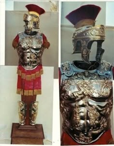 two pictures of an armor and helmet on display