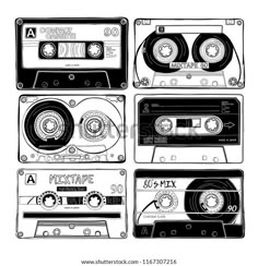 cassette tape recorders with different styles and sizes, hand drawn in black ink on white paper