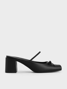 Black Bow Square-Toe Block-Heel Ballet Mules | CHARLES & KEITH Sleek Black Square Toe Mules, Corporate Cutie, Square Toe Mules With 4-inch Heel For Evening, Sleek Mules With 4-inch Block Heel, Black Mules With 4-inch Heel, Black Sleek Open-heel Mules, Block Sandals, Pu Heels, Charles Keith