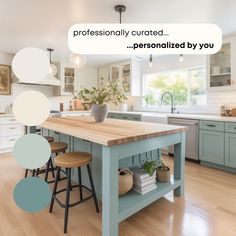 a kitchen island with stools in front of it and an empty speech bubble above it