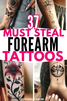 several different tattoos that are on the arms and arm, with text reading 37 must steal forearm