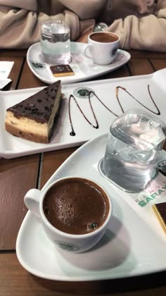 there are two plates with desserts and drinks on the table next to each other