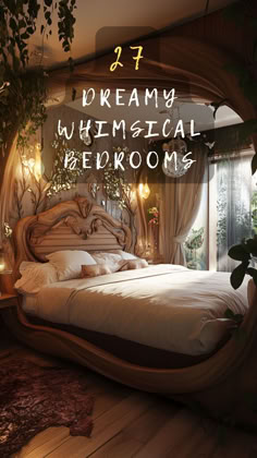 a bedroom with a large bed and plants in the corner, surrounded by greenery that reads dreamy whimsical bedroom