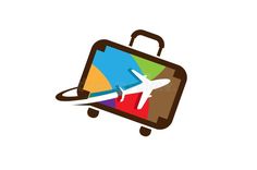 an airplane is flying over the colorful suitcase royalty illustration