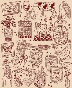 a drawing of various items and animals on a piece of paper