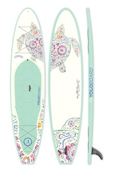 a surfboard with an image of a sea turtle on the front and back side