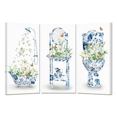 three blue and white vases with flowers on them, one is holding a mirror