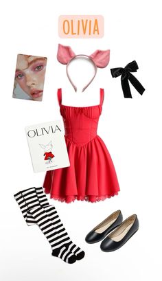 a woman's outfit and accessories including shoes, headbands, socks, and magazine