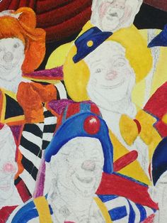 a drawing of clowns in front of a stage