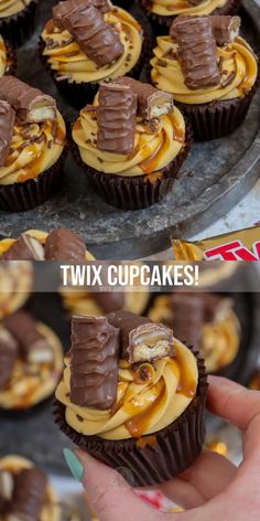 chocolate cupcakes with caramel swirl and peanut butter frosting in the middle